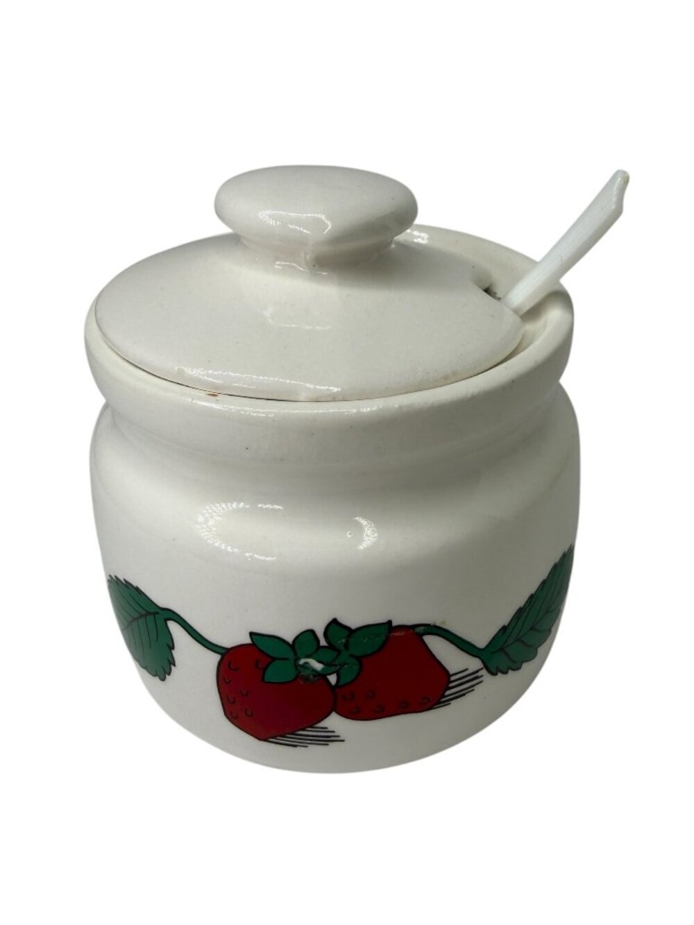Vintage Strawberry Ceramic Jam Jar Jelly Pot with Lid and Spoon Cottagecore